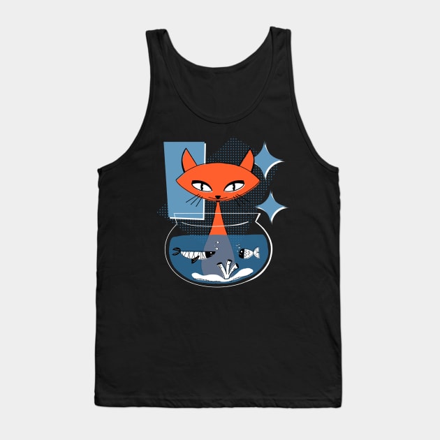 Atomic Cat with Fish Bowl Mid Century Modern Style Tank Top by ksrogersdesigns